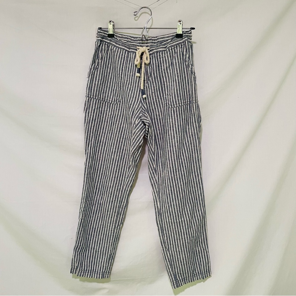 Natural Reflections Women’s Navy Striped Wide Leg 55% Linen Pants Size Small